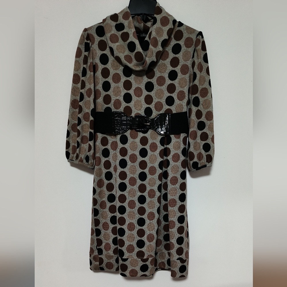 Polka Dot Cowl Neck Dress - Brown and Black